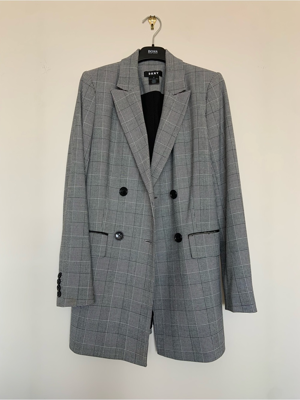 DKNY Gray Glen Plaid Double-Breasted Blazer